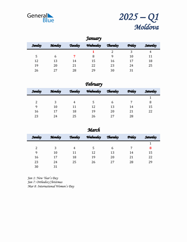 January, February, and March Calendar for Moldova with Sunday Start