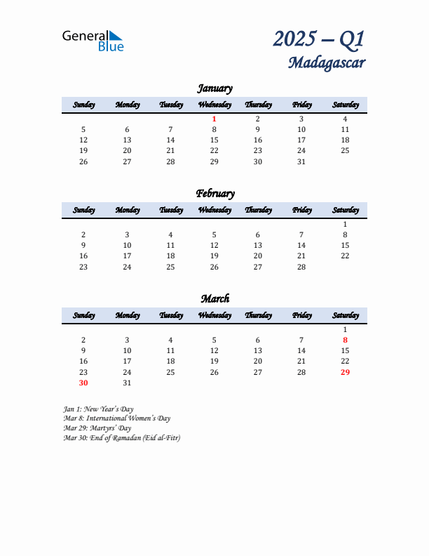 January, February, and March Calendar for Madagascar with Sunday Start