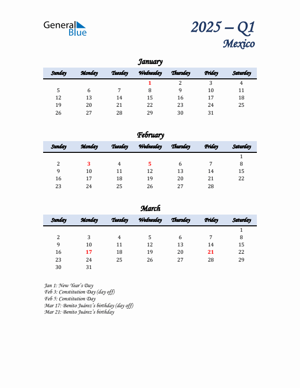 January, February, and March Calendar for Mexico with Sunday Start