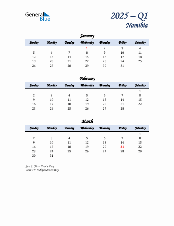 January, February, and March Calendar for Namibia with Sunday Start