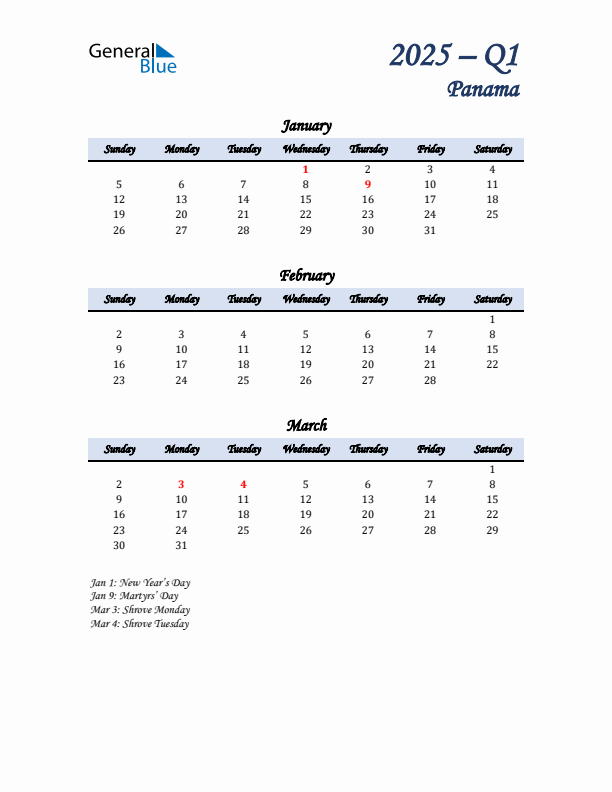 January, February, and March Calendar for Panama with Sunday Start