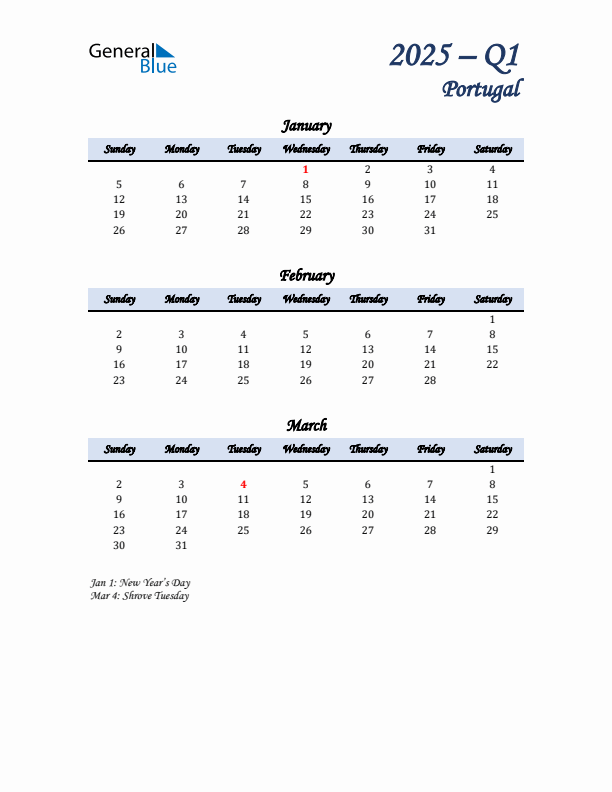 January, February, and March Calendar for Portugal with Sunday Start