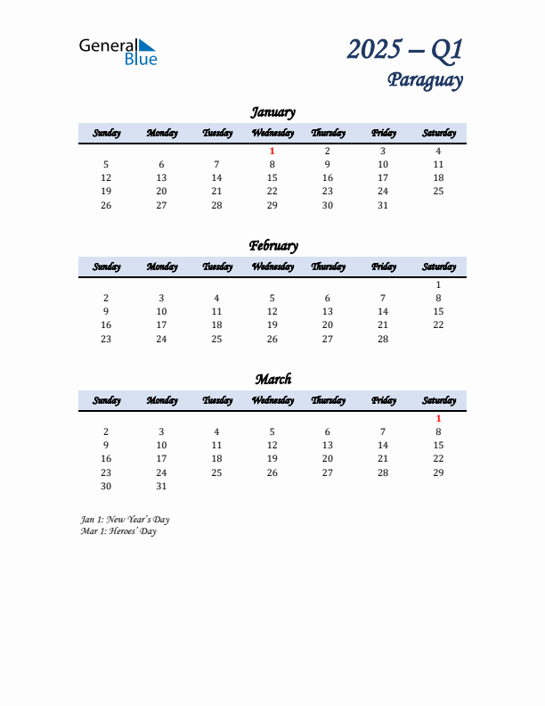 January, February, and March Calendar for Paraguay with Sunday Start