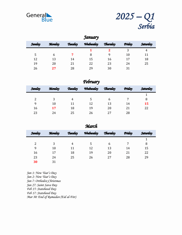 January, February, and March Calendar for Serbia with Sunday Start