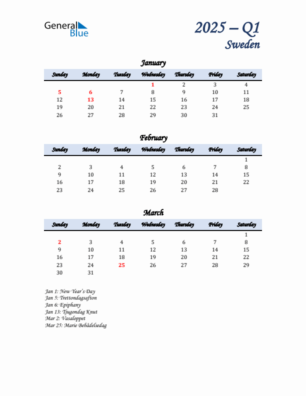 January, February, and March Calendar for Sweden with Sunday Start