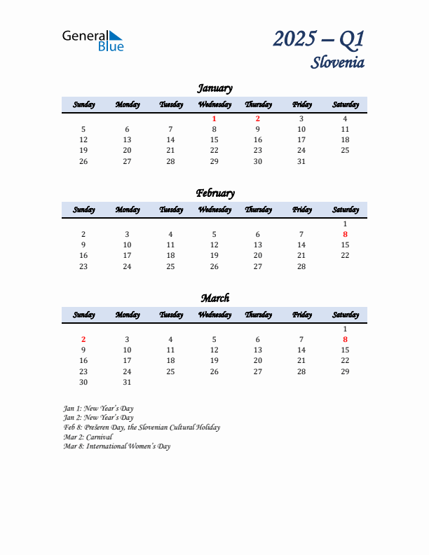 January, February, and March Calendar for Slovenia with Sunday Start