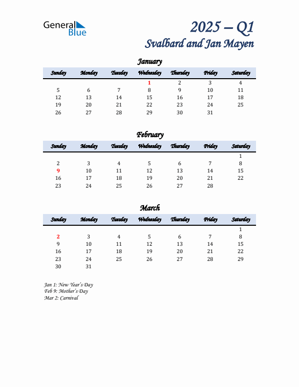January, February, and March Calendar for Svalbard and Jan Mayen with Sunday Start