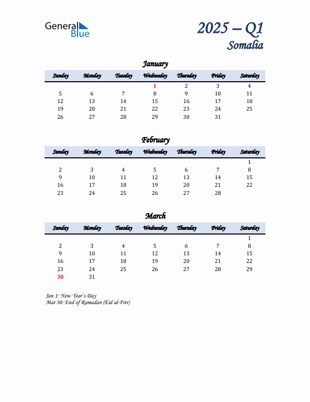 January, February, and March Calendar for Somalia with Sunday Start