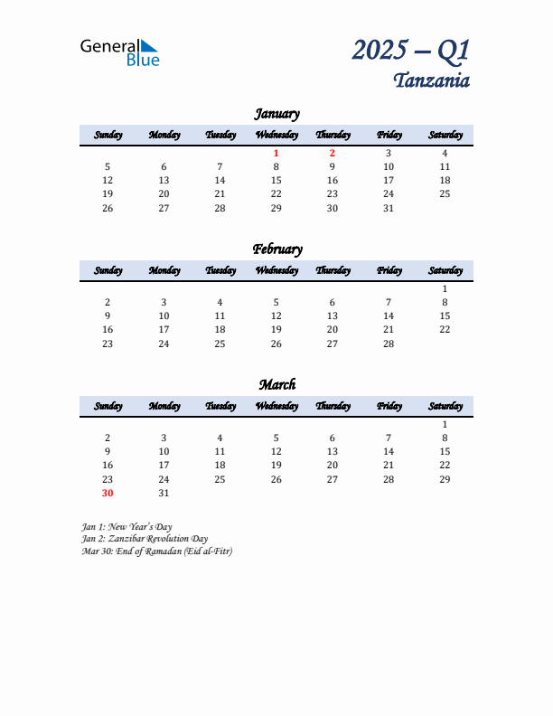 January, February, and March Calendar for Tanzania with Sunday Start