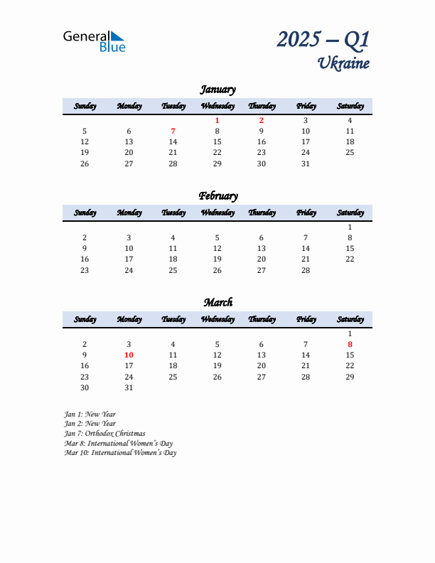 January, February, and March Calendar for Ukraine with Sunday Start