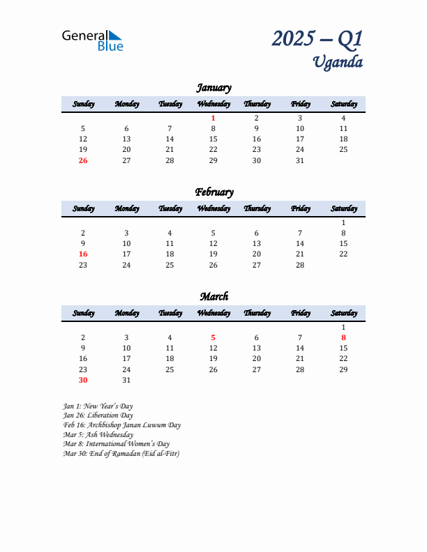 January, February, and March Calendar for Uganda with Sunday Start