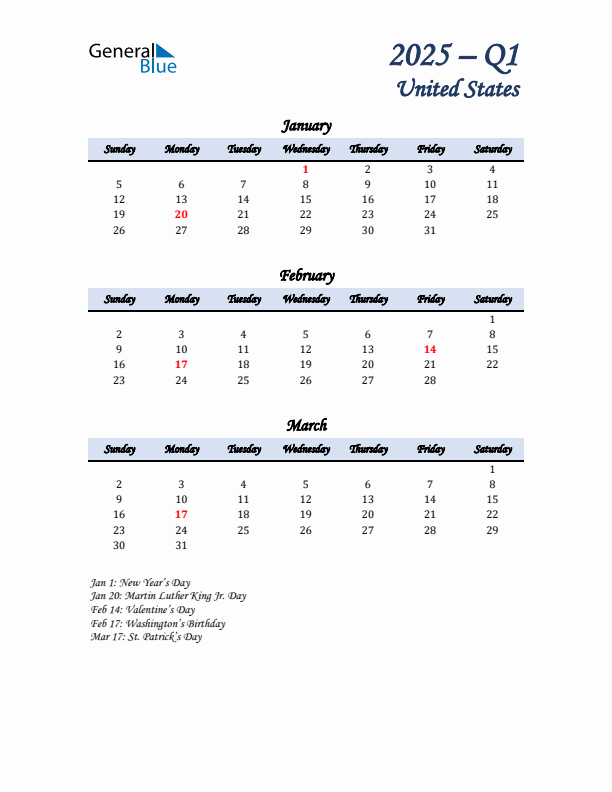 January, February, and March Calendar for United States with Sunday Start