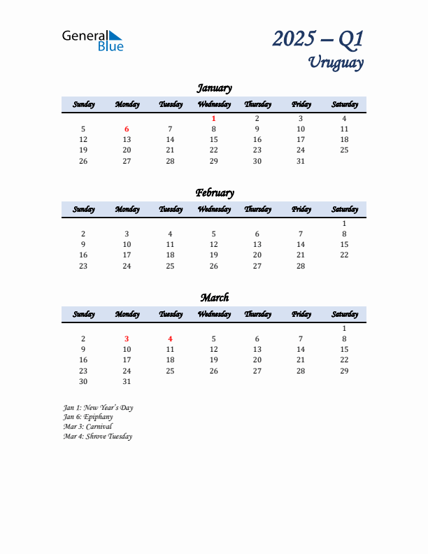 January, February, and March Calendar for Uruguay with Sunday Start