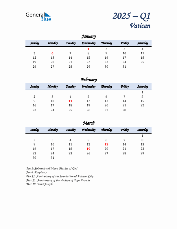 January, February, and March Calendar for Vatican with Sunday Start