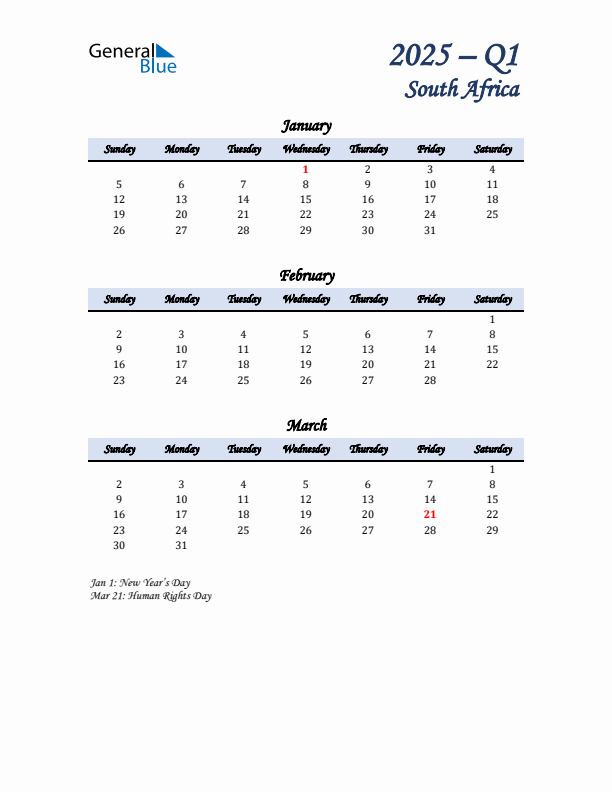 January, February, and March Calendar for South Africa with Sunday Start