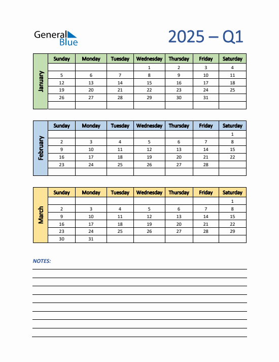 Quarter 1 2025 calendar template