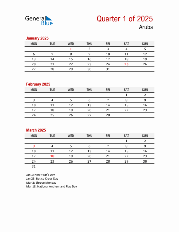 Printable Three Month Calendar with Aruba Holidays