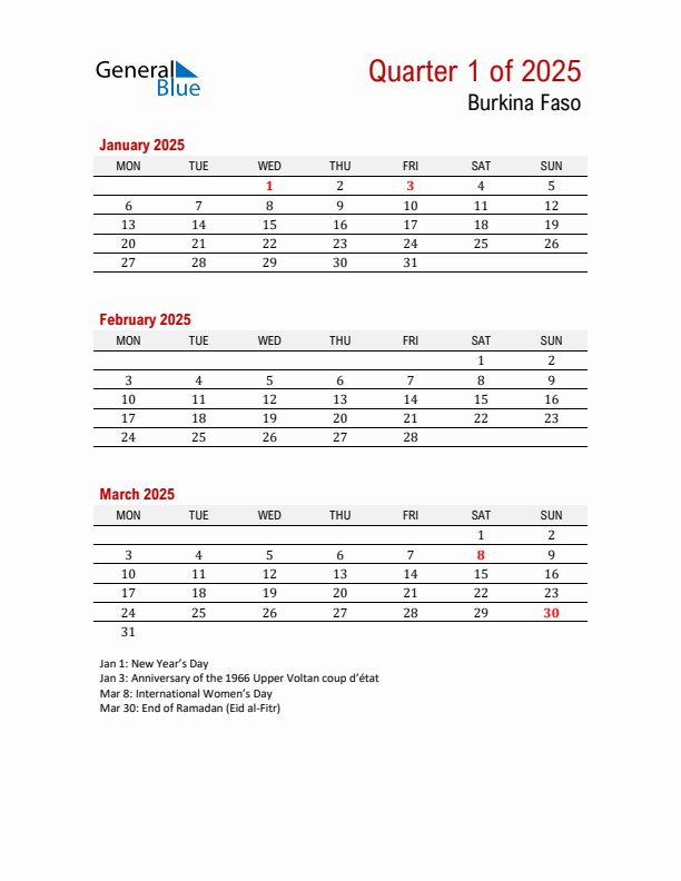 Printable Three Month Calendar with Burkina Faso Holidays