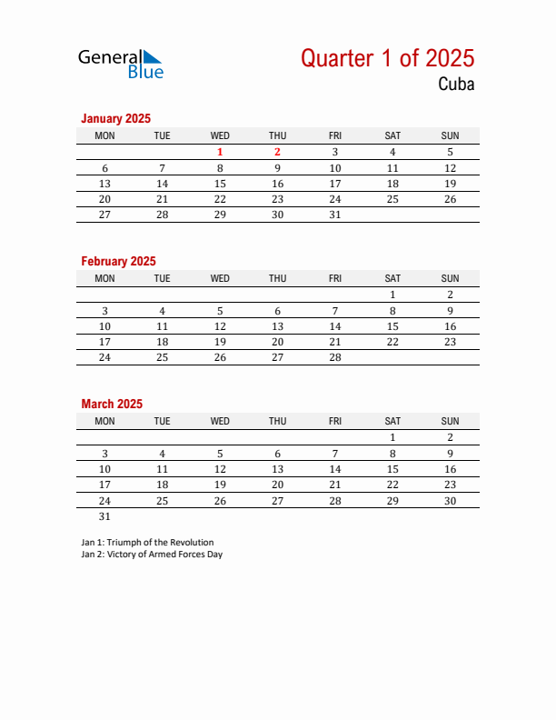 Printable Three Month Calendar with Cuba Holidays