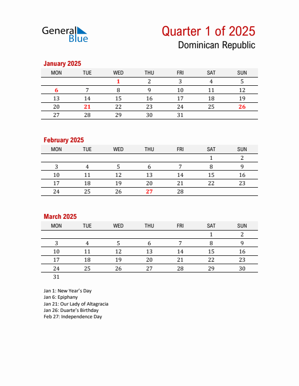 Printable Three Month Calendar with Dominican Republic Holidays