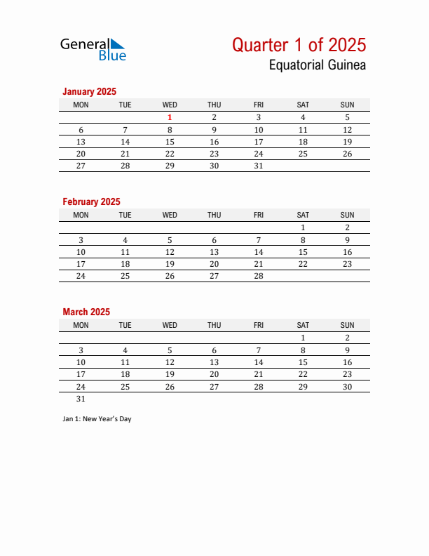 Printable Three Month Calendar with Equatorial Guinea Holidays