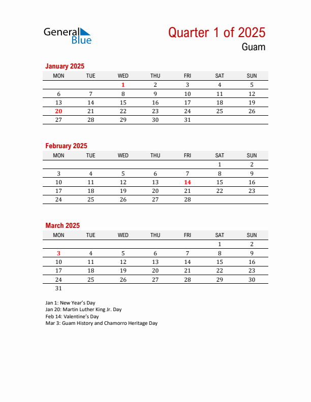 Printable Three Month Calendar with Guam Holidays