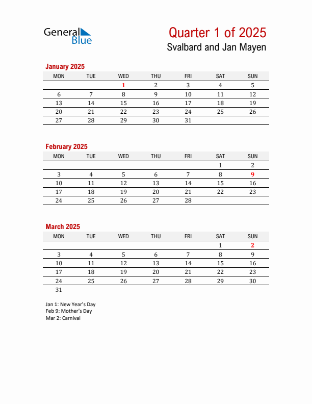 Printable Three Month Calendar with Svalbard and Jan Mayen Holidays