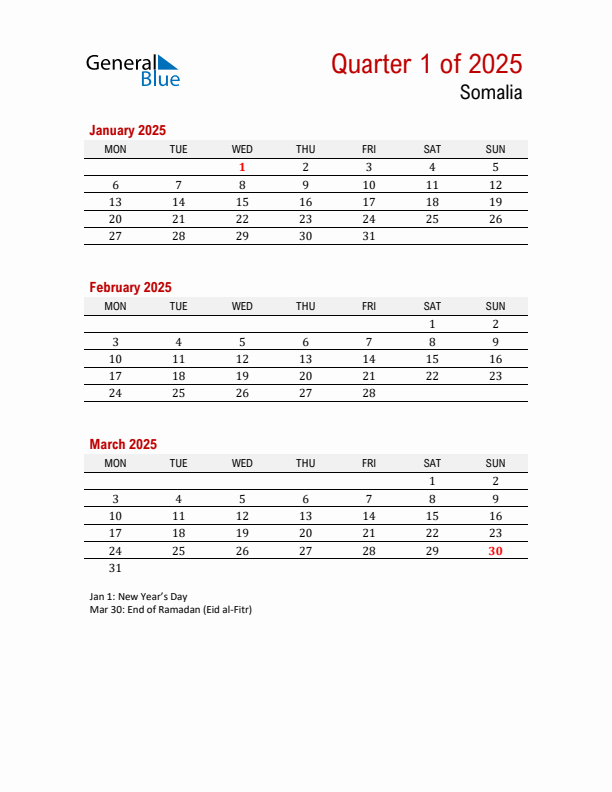 Printable Three Month Calendar with Somalia Holidays