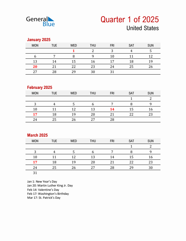 Printable Three Month Calendar with United States Holidays