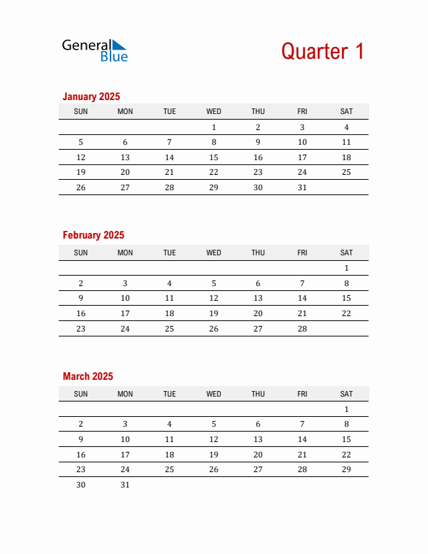 Three-Month Printable Calendar 2025