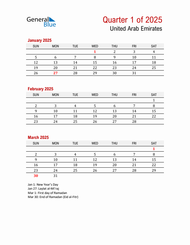 Printable Three Month Calendar with United Arab Emirates Holidays