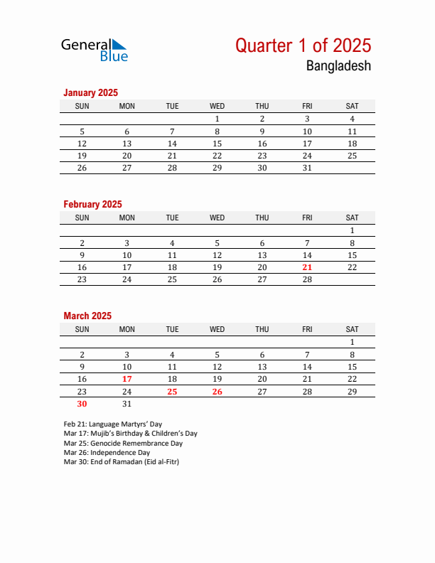 Printable Three Month Calendar with Bangladesh Holidays