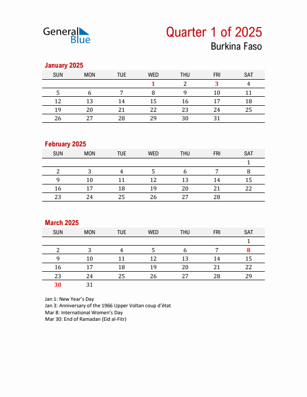 Printable Three Month Calendar with Burkina Faso Holidays