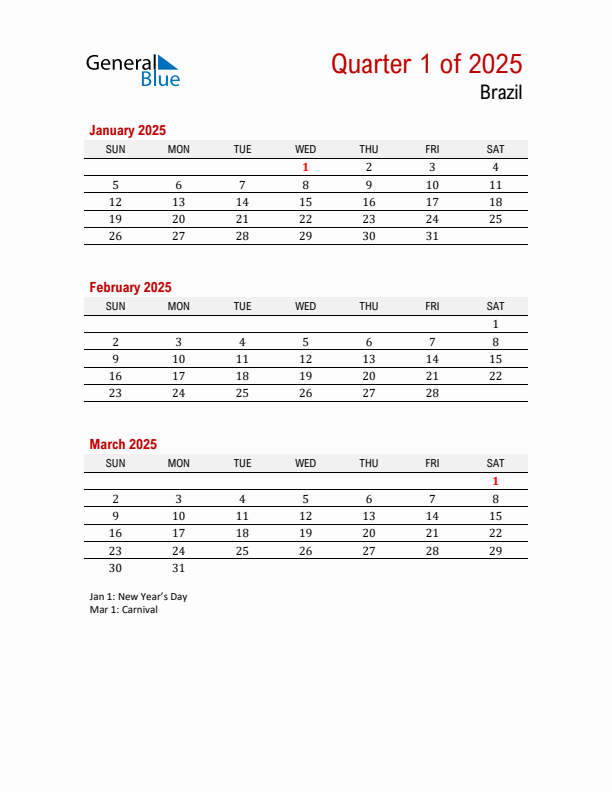 Printable Three Month Calendar with Brazil Holidays