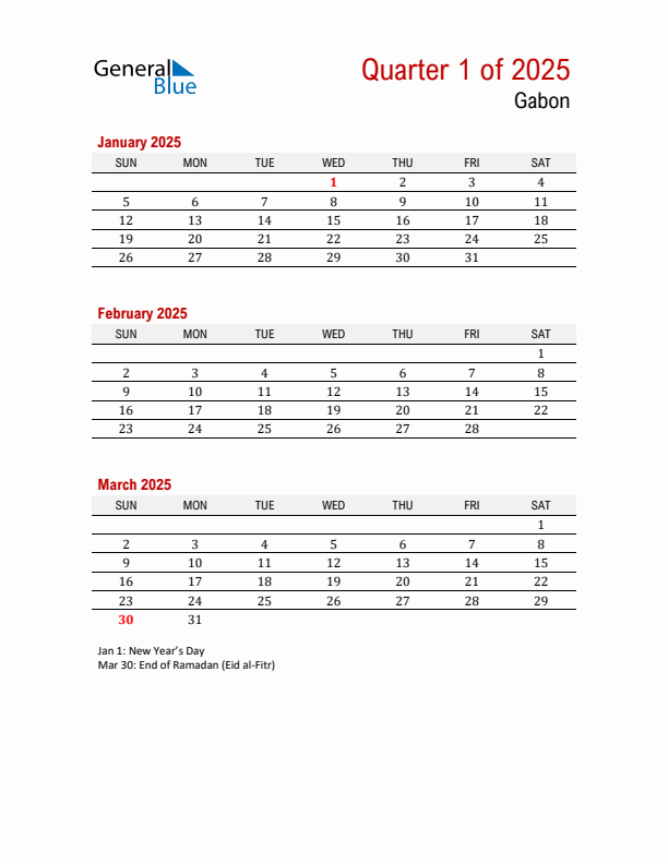 Printable Three Month Calendar with Gabon Holidays