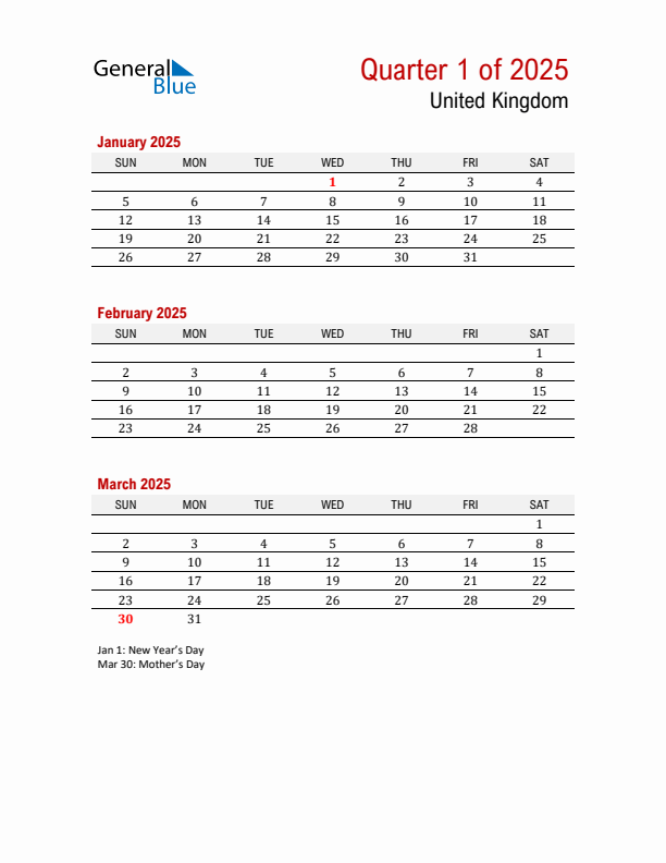 Printable Three Month Calendar with United Kingdom Holidays