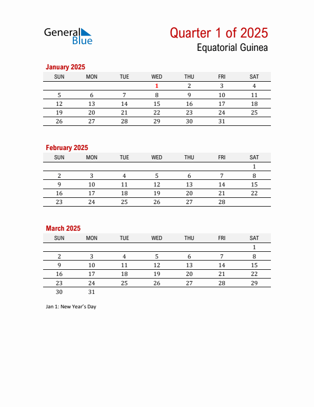 Printable Three Month Calendar with Equatorial Guinea Holidays