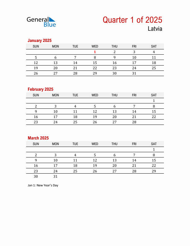 Printable Three Month Calendar with Latvia Holidays