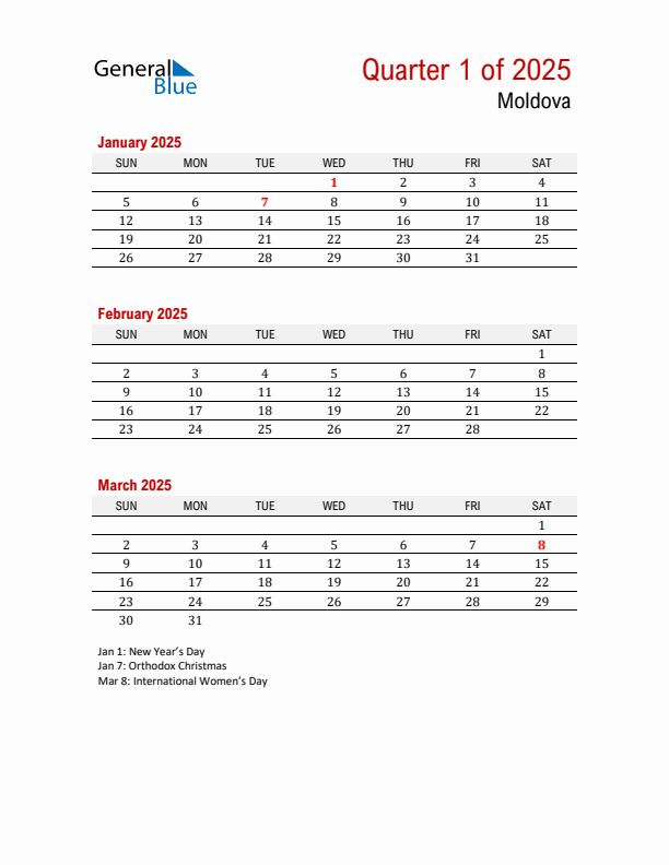 Printable Three Month Calendar with Moldova Holidays