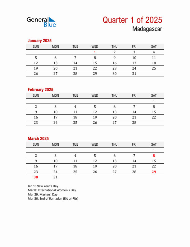 Printable Three Month Calendar with Madagascar Holidays