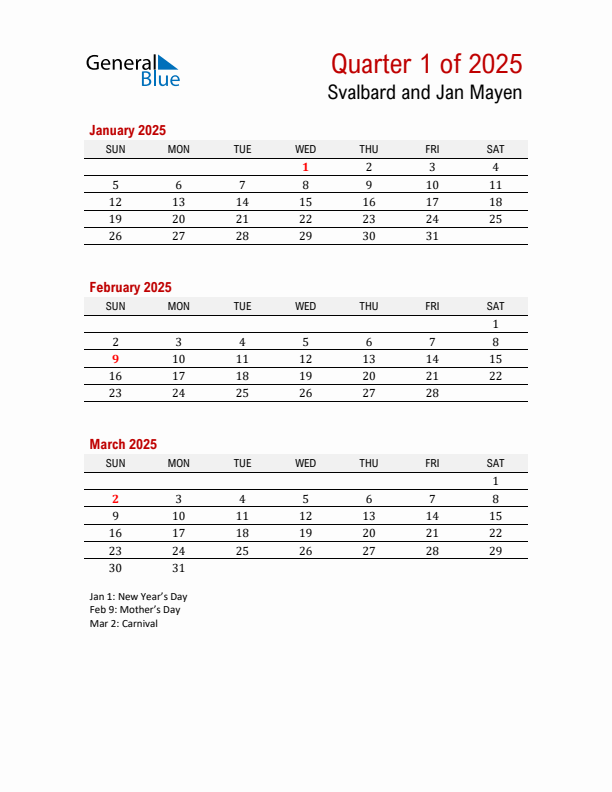 Printable Three Month Calendar with Svalbard and Jan Mayen Holidays