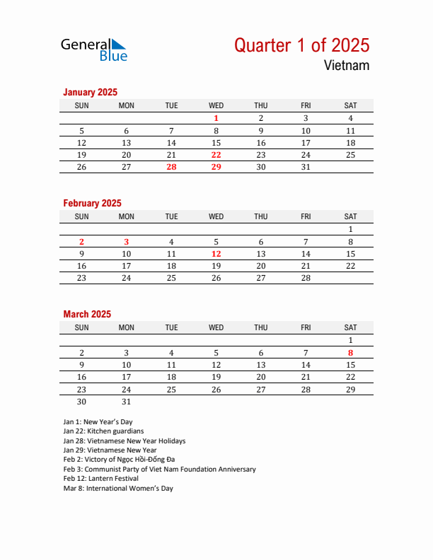 Printable Three Month Calendar with Vietnam Holidays