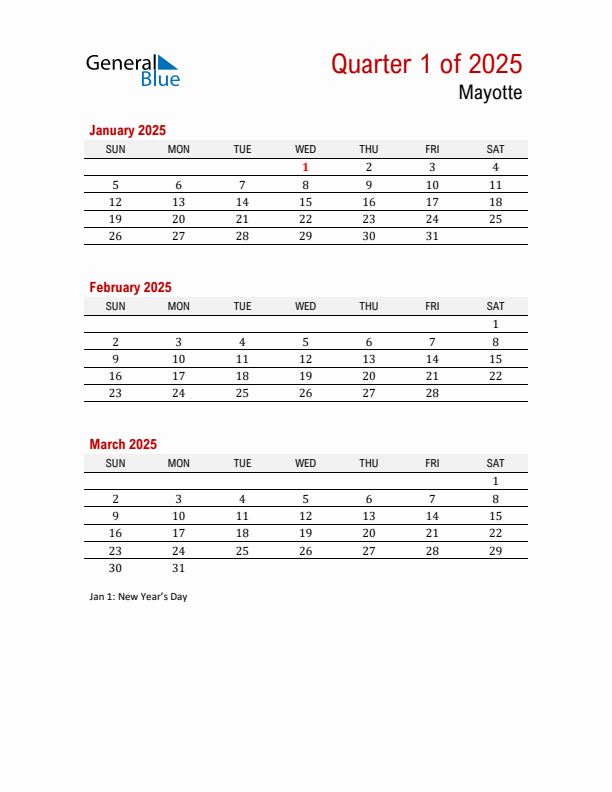 Printable Three Month Calendar with Mayotte Holidays