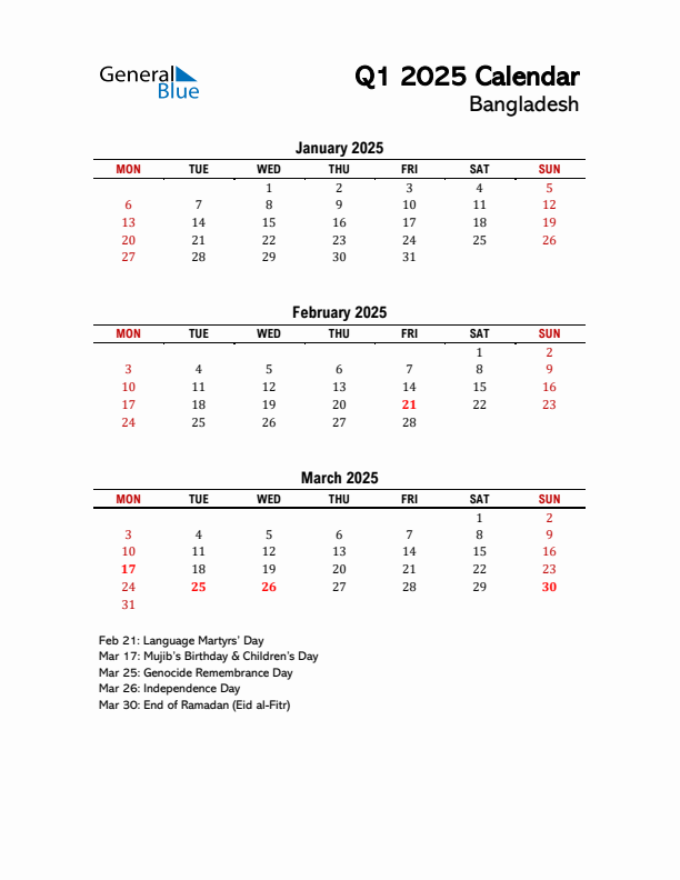 2025 Q1 Calendar with Holidays List for Bangladesh