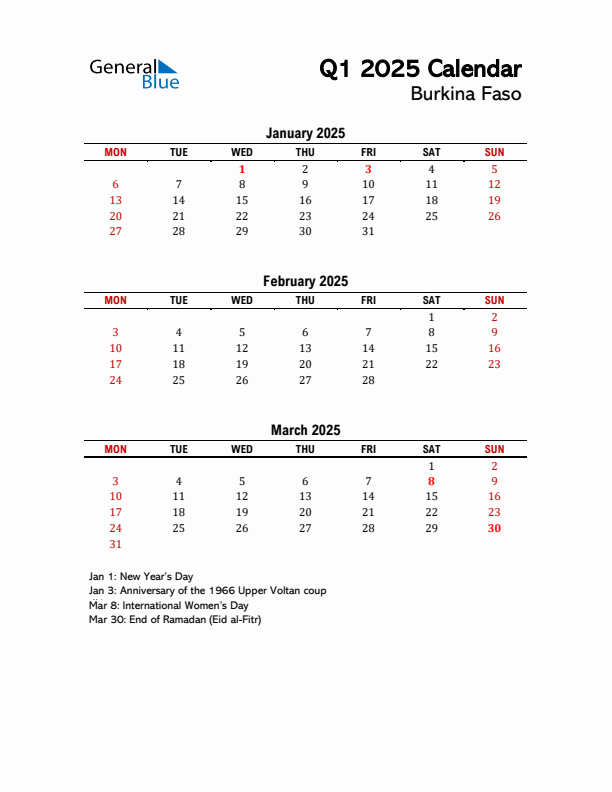 2025 Q1 Calendar with Holidays List for Burkina Faso