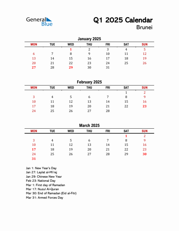 2025 Q1 Calendar with Holidays List for Brunei