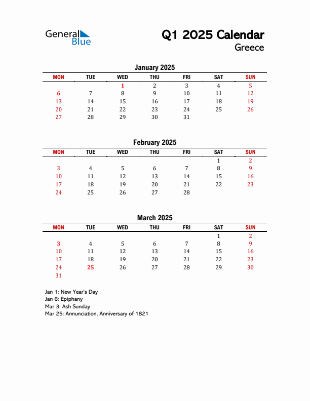 2025 Q1 Calendar with Holidays List for Greece