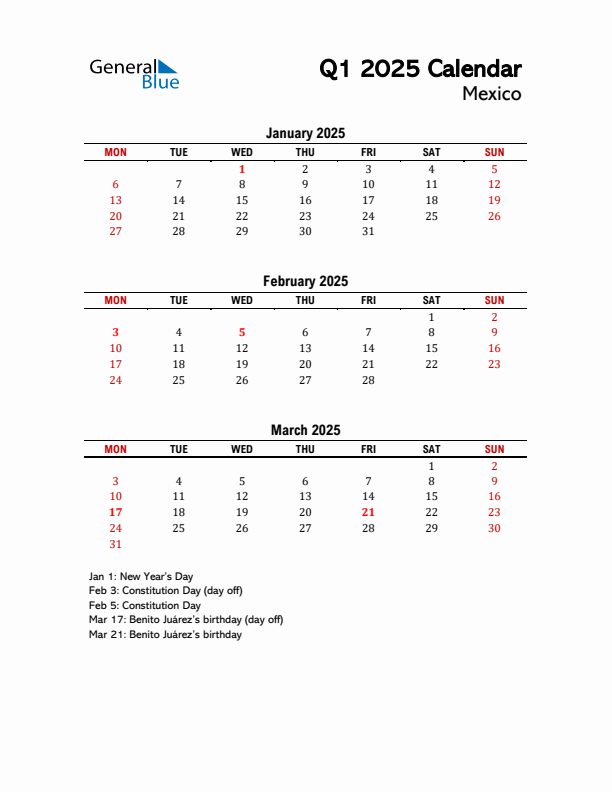 2025 Q1 Calendar with Holidays List for Mexico