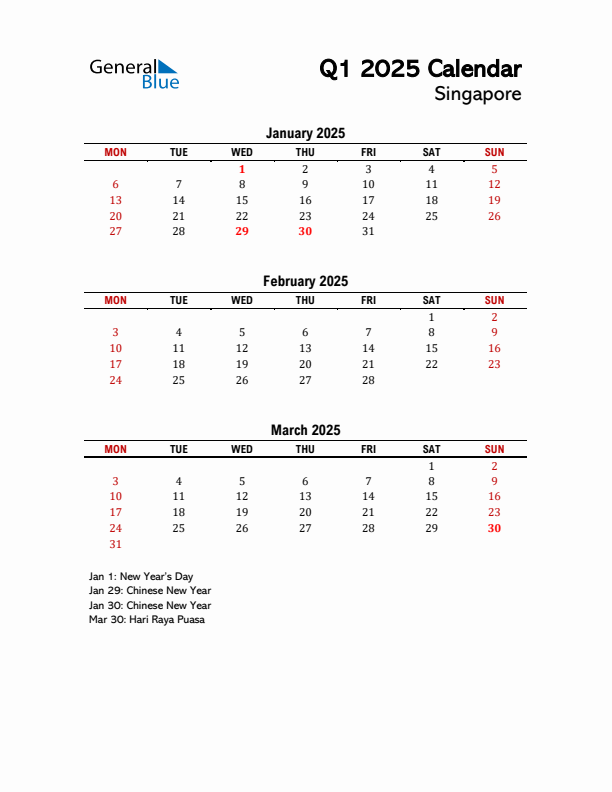 2025 Q1 Calendar with Holidays List for Singapore