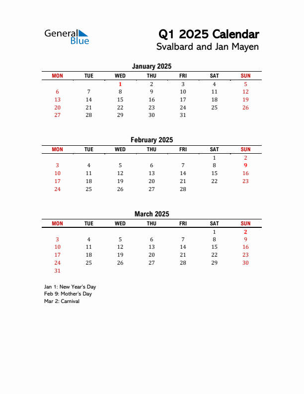 2025 Q1 Calendar with Holidays List for Svalbard and Jan Mayen